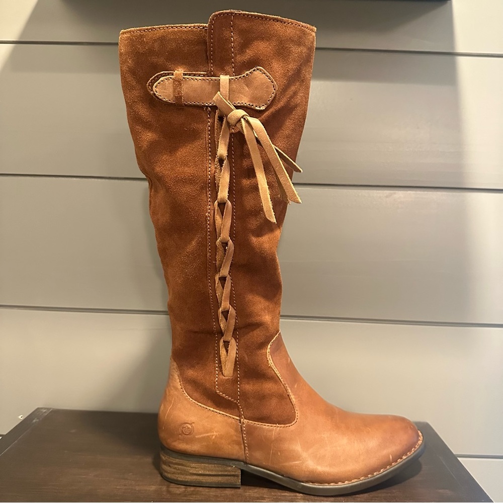 Born Tall Lace-Up Suede and Leather Boots in Cognac Brown